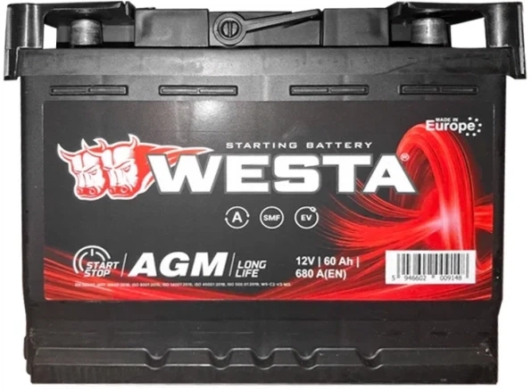 Автомобильный аккумулятор Westa AGM 60 Ah (-/+) AGM60 (5946602009148) - Фото 1 Автомобильный аккумулятор Westa AGM 60 Ah (-/+) AGM60 (5946602009148) - изображение 1