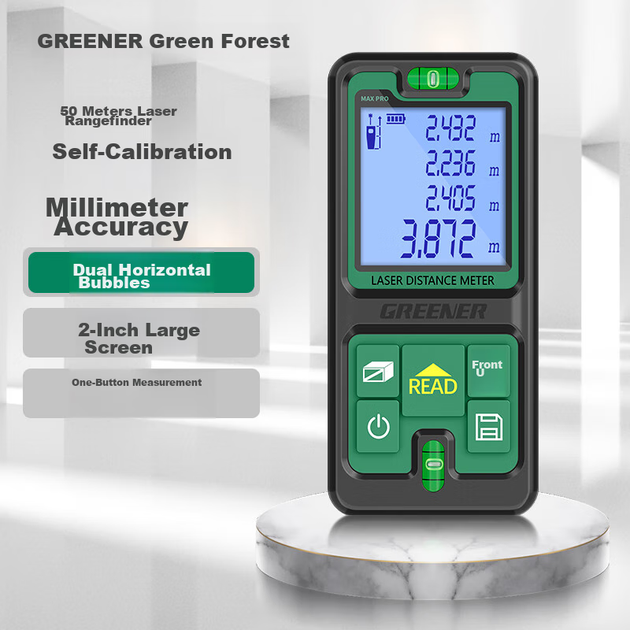 Лазерный дальномер GREENER с инфракрасным датчиком расстояния, электронная измерительная лента, инструмент для измерения расстояния в помещении с точностью до 50 см и двумя горизонтальными пузырьковыми уровнями. - изображение 4