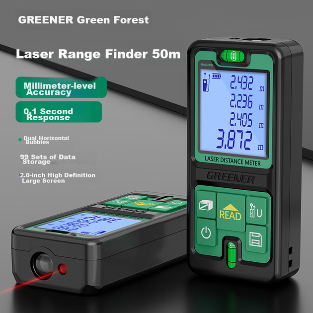 Лазерный дальномер GREENER с инфракрасным датчиком расстояния, электронная измерительная лента, инструмент для измерения расстояния в помещении с точностью до 50 см и двумя горизонтальными пузырьковыми уровнями. - изображение 6