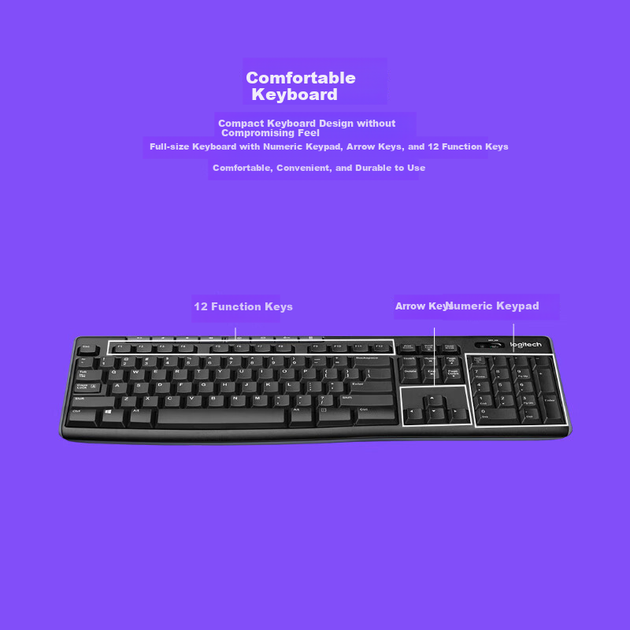 Logitech MK270 [корпоративний клас] Бездротовий комплект офісної миші та клавіатури для комп'ютера та ноутбука з бездротовим приймачем 2.4G, чорний [бонус замовлення] - зображення 8