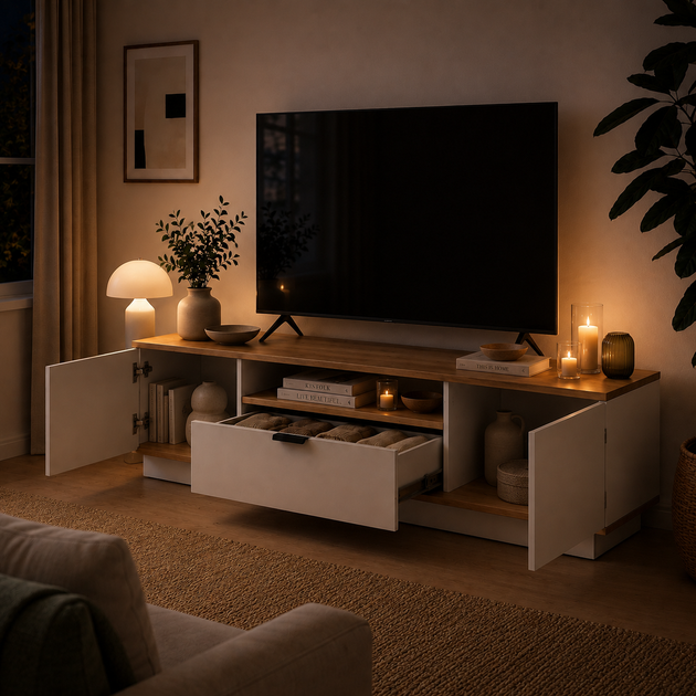 Сучасна ТВ-тумба Duna 1800x350x420 з шухлядою, відкритою нішею та закритими секціями для вітальні, спальні та зони відпочинку Білий/Дуб Артізан - зображення 6