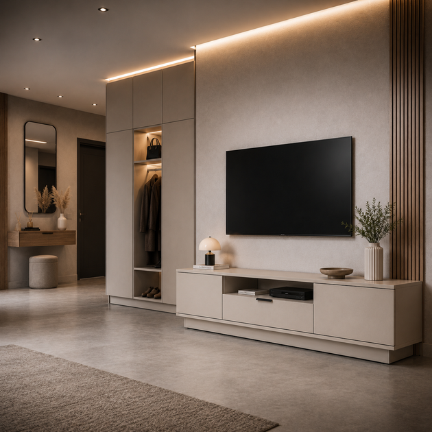 Современная ТВ-тумба Duna 1800x350x420 мм с ящиком, открытой нишей и закрытыми секциями для гостиной, спальни и зоны отдыха Кашемир - изображение 4