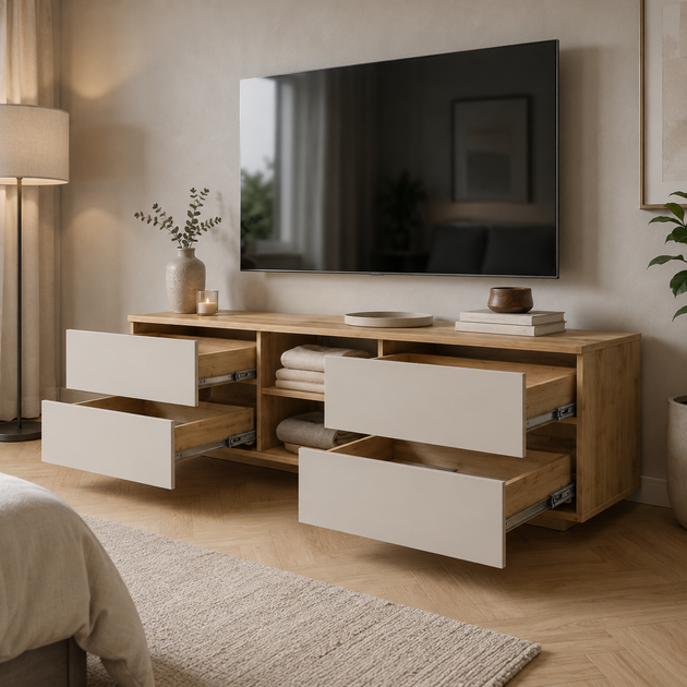 Сучасна ТВ-тумба Balkar 1800x400x500 під телевізор з 4 шухлядами та відкрими полицями, Кашемір/Дуб Артізан - зображення 3