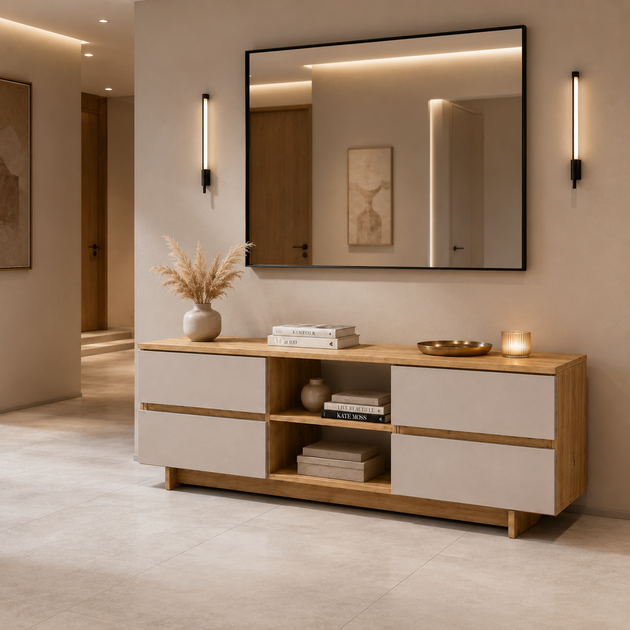 Сучасна ТВ-тумба Balkar 1800x400x500 під телевізор з 4 шухлядами та відкрими полицями, Кашемір/Дуб Артізан - зображення 4