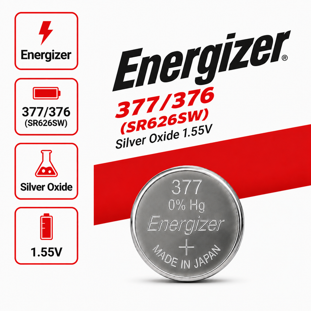 Батарейка Energizer 377 / 376 (SR626SW) Silver Oxide 1.55V для часов, 1 шт - Фото 1 Батарейка Energizer 377 / 376 (SR626SW) Silver Oxide 1.55V для часов, 1 шт - изображение 1
