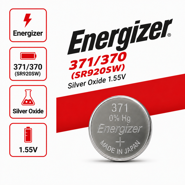 Батарейка Energizer 371 / 370 (SR920SW) Silver Oxide 1.55V для годинників, 1 шт - Фото 1 Батарейка Energizer 371 / 370 (SR920SW) Silver Oxide 1.55V для годинників, 1 шт - зображення 1