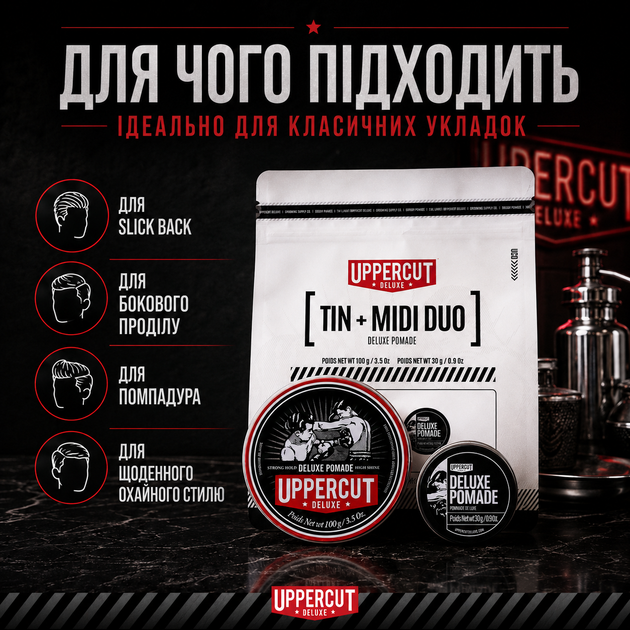 Подарунковий набір Uppercut Deluxe Tin & Midi Duo Deluxe Pomade 100 г + 30 г для укладання волосся, сильна фіксація, блиск - зображення 5