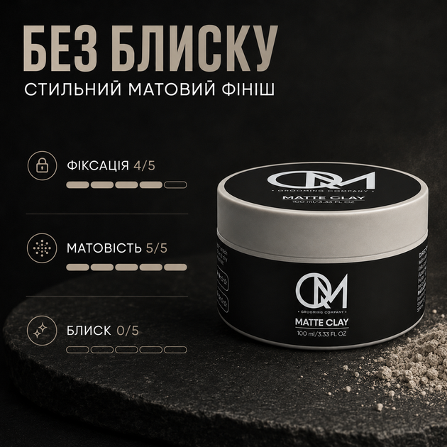 Матова стайлінгова глина для волосся QM Matte Clay 100 мл преміум якості без блиску для моделювання коротких і середніх зачісок - Фото 2 Матова стайлінгова глина для волосся QM Matte Clay 100 мл преміум якості без блиску для моделювання коротких і середніх зачісок - зображення 2
