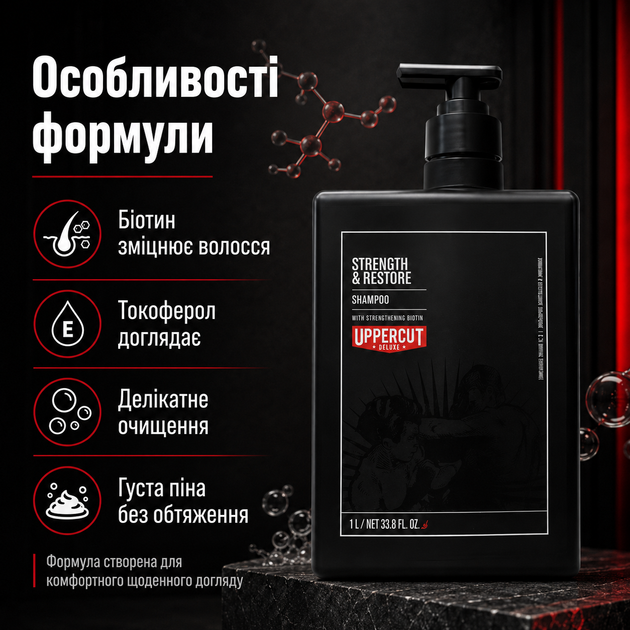 Зміцнюючий шампунь Uppercut Deluxe Strength and Restore Shampoo 1000 мл для чоловіків, відновлюючий шампунь з кофеїном і біотином - зображення 3