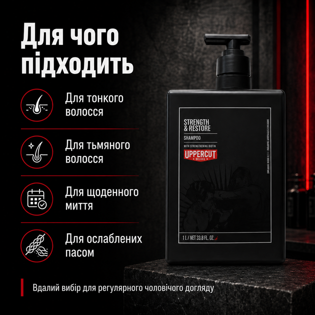 Зміцнюючий шампунь Uppercut Deluxe Strength and Restore Shampoo 1000 мл для чоловіків, відновлюючий шампунь з кофеїном і біотином - зображення 4