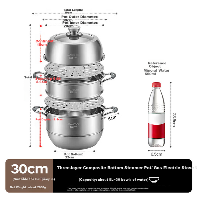 Пароварка Maxcook, нержавеющая сталь 304, 30 см, трехслойная, с датчиком температуры и термостойким дном, совместима с газовыми и индукционными плитами, MCZ743 - изображение 4
