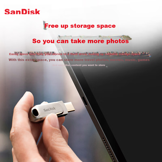 Мобільний флеш-накопичувач SanDisk 64 ГБ Type-C USB 3.2, колір DDC4 Deep Space Gray, швидкість читання 400 МБ/с, автоматичне резервне копіювання, флеш-накопичувач з двома інтерфейсами, сумісний з телефонами, планшетами та комп'ютерами - изображение 5
