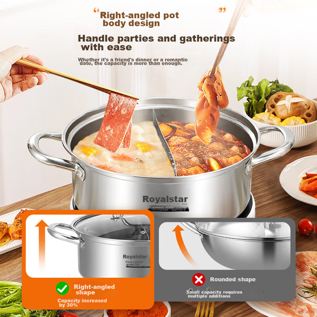 Кастрюля Royalstar Hot Pot из нержавеющей стали 304 для газовых/индукционных плит, 30см - изображение 6