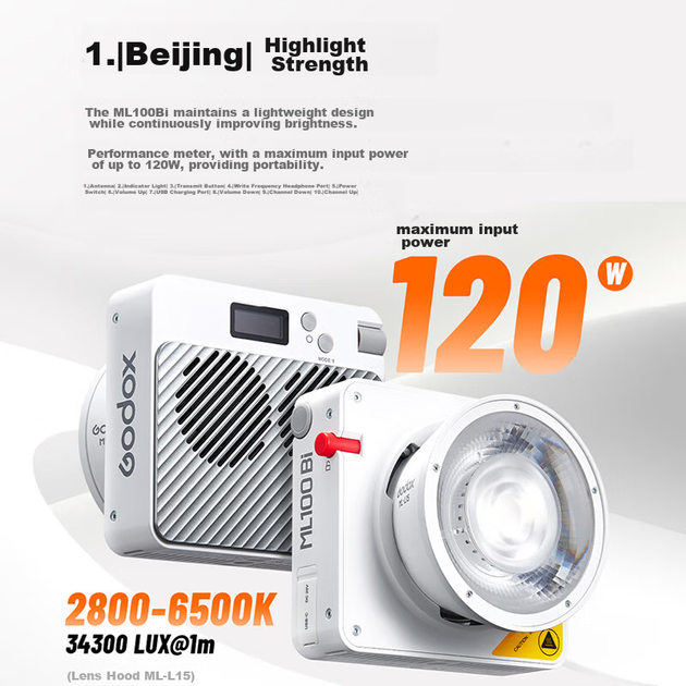 Фотоліхтар Godox ML100Bi, двоколірний з регулюванням температури, портативний нічний ліхтар для зйомки, портретний заповнювальний ліхтар, ліхтар для зовнішньої студії для кіновідеокамери, ML100Bi [офіційна стандартна конфігурація] - зображення 5