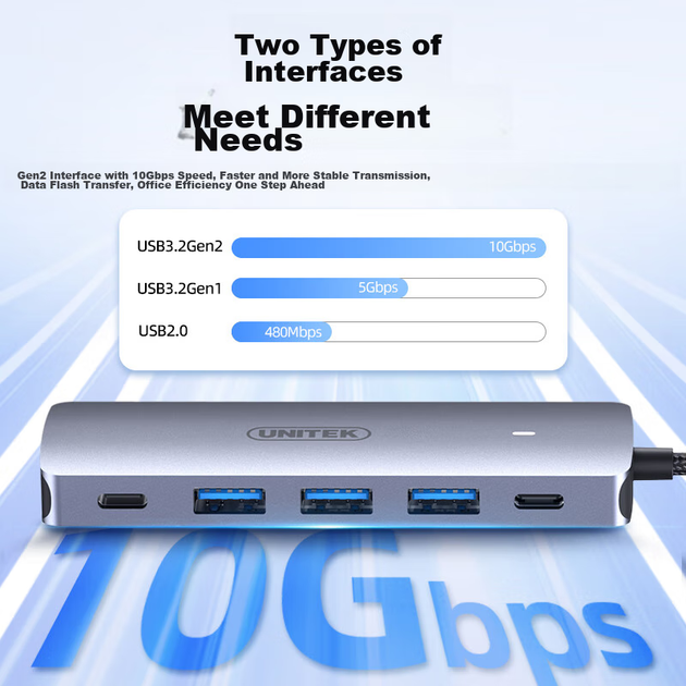 USB-концентратор UNITEK USB 3.2, высокоскоростная док-станция расширения 10G с блоком питания Type-C, 4-портовый концентратор Gen2, док-станция расширения USB для ноутбука и настольного компьютера длиной 0,3 метра. - изображение 5