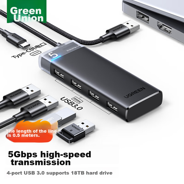 USB-концентратор UGREEN 3.0, док-станция расширения, многопортовый разветвитель, высокоскоростной 4-портовый адаптер-конвертер, удлинительный кабель для ноутбука на четыре порта. - изображение 10