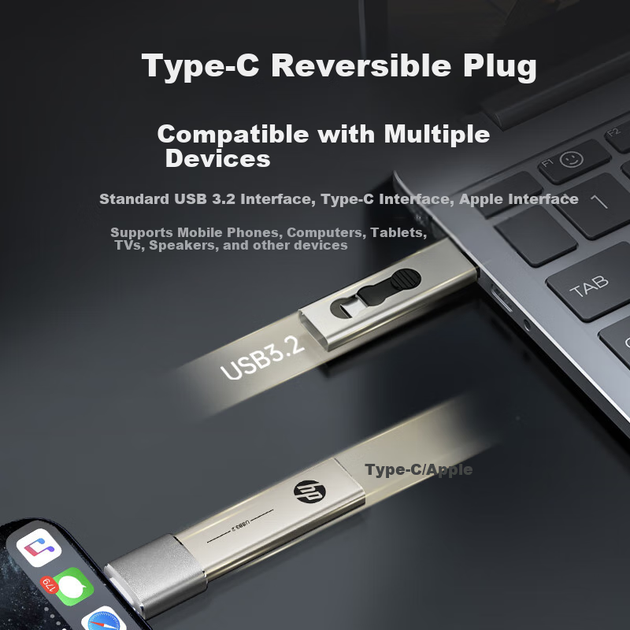 HP X796c, 64 ГБ, USB 3.2 Type-C, высокоскоростной двухинтерфейсный флеш-накопитель с разъемом Apple OTG, многофункциональный USB-накопитель для планшетов, компьютеров, офисной работы и учебы. - изображение 8