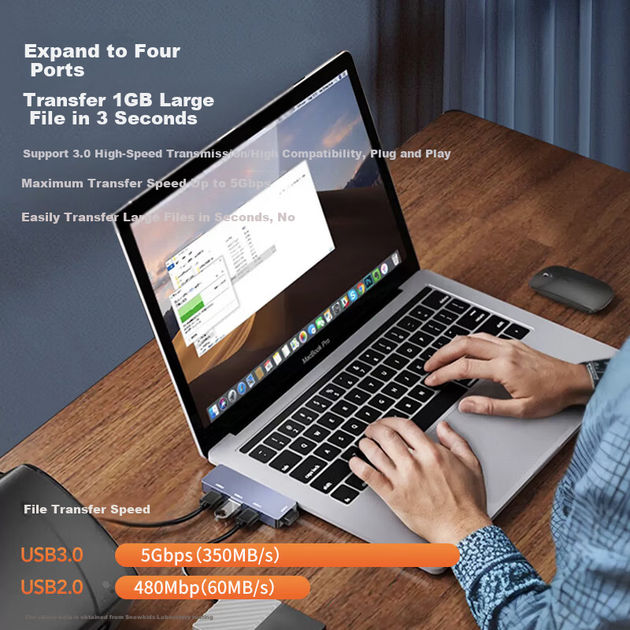 Розгалужувач-хаб Isky USB 3.0, високошвидкісний 4-портовий розширювальний хаб-док, 4-портовий USB-хаб-адаптер для ноутбука з одним підключенням та клейкою основою - зображення 6