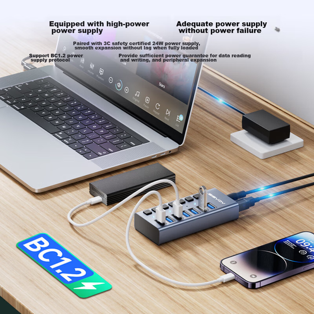 Хаб USB Acasis 3.1, 7-портовый, для Apple Mac, модель HS-707MG, 10 Гбит/с - изображение 8