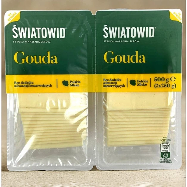 Сир Гауда нарізка Swiatowid Gauda 2pieces Святовід Гауда слайси 2шт 500г - Фото 1 Сир Гауда нарізка Swiatowid Gauda 2pieces Святовід Гауда слайси 2шт 500г - зображення 1
