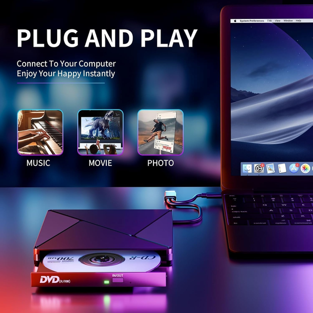 Внешний оптический CD/DVD привод Umanij USB 3.0 Type-C портативный дисковод для ноутбука ПК и MacBook Черный - изображение 5