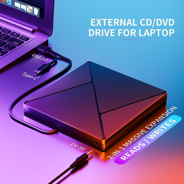 Внешний оптический CD/DVD привод Umanij USB 3.0 Type-C портативный дисковод для ноутбука ПК и MacBook Черный - изображение 8