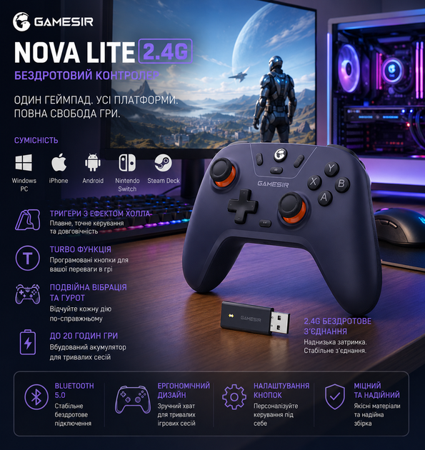 Бездротовий геймпад GameSir Nova Lite Space Purple джойстик з датчиками Холла Bluetooth 2.4G для ПК Android iOS Switch Steam Deck - Фото 1 Бездротовий геймпад GameSir Nova Lite Space Purple джойстик з датчиками Холла Bluetooth 2.4G для ПК Android iOS Switch Steam Deck - зображення 1
