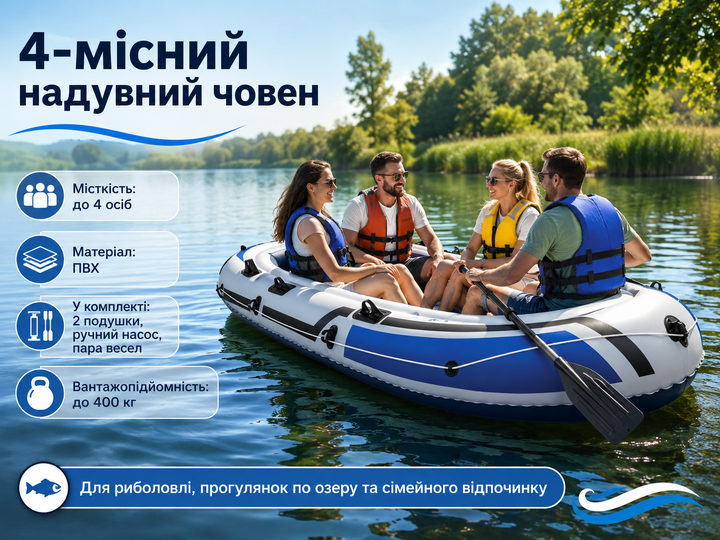 Надувная лодка 4-местная с веслами, насосом и подушками (223 х 125 х 40 см) - изображение 2
