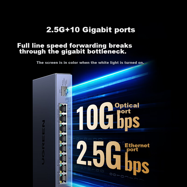 Комутатор UGREEN 2.5G з 8 електричними портами 2.5G + оптичним портом 10G, підтримка VLAN/агрегації каналів, мережевий розгалужувач у сталевому корпусі, підтримка модема-стіка, NAS-сервера та оптичного модема 35049. - зображення 4