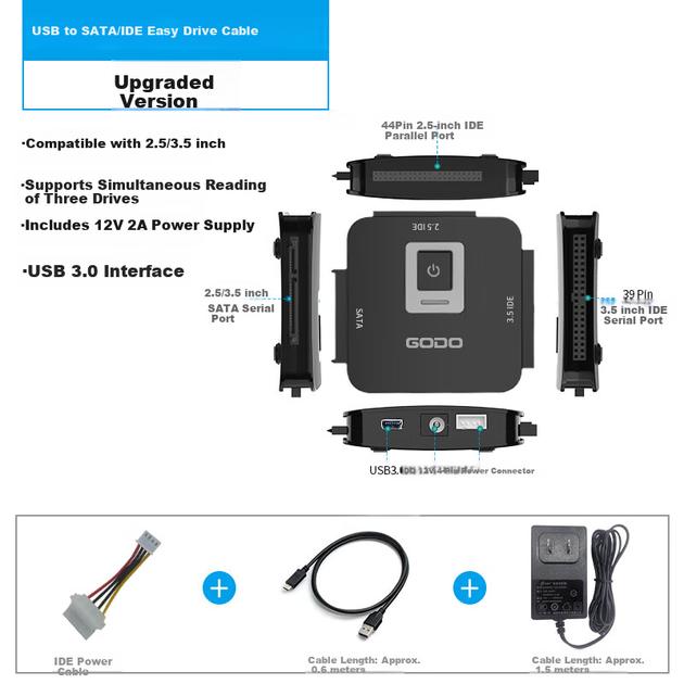 Механічний конвертер для жорстких дисків GODO, мобільний кабель SATA Easy Drive, 3,5-дюймовий IDE-USB 3.0, зовнішній розширювальний корпус для настільного комп'ютера, ноутбука та старих SSD-накопичувачів. - зображення 6