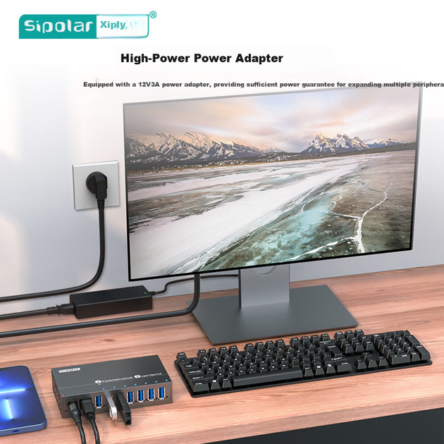Розгалужувач SIPOLAR USB3.0, високошвидкісний 7-портовий концентратор промислового класу A-173 (1,4 метра), подовжувальний кабель для комп'ютера, док-станція розширення для одного порту 1A з блоком живлення для зарядки. - зображення 4