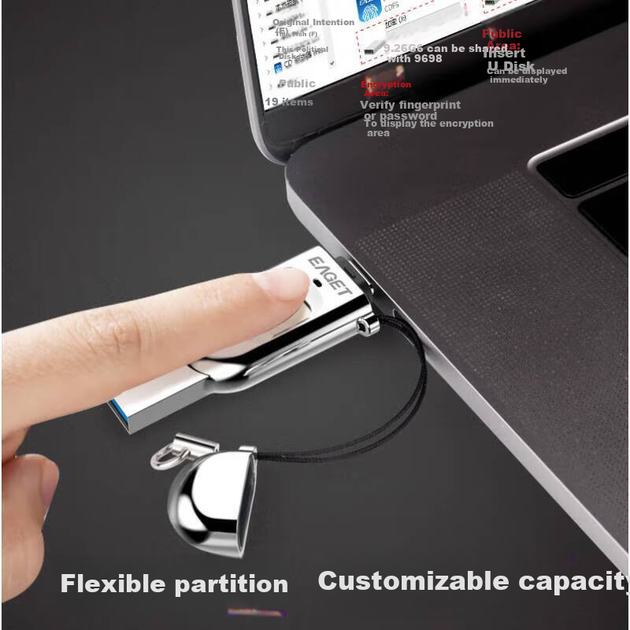 USB-накопичувач EAGET 64 ГБ типу C USB 3.0 із зашифрованим відбитком пальця, USB-накопичувач FU68 із двома інтерфейсами, сумісний із комп'ютером, захист конфіденційності, високошвидкісний офісний флеш-накопичувач - изображение 4