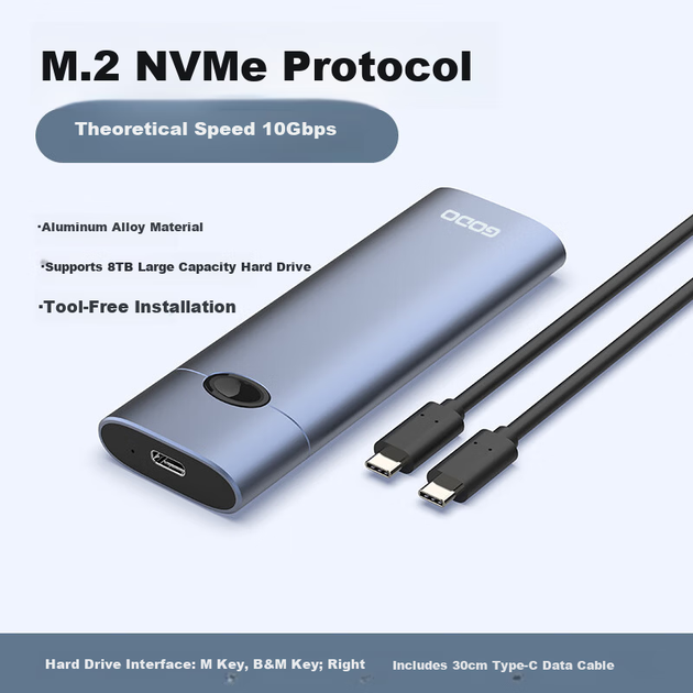 Корпус GODO M.2 NVMe SSD Type-C для зовнішнього портативного жорсткого диска, сумісний із Apple iPhone, планшетом, ноутбуком, зовнішнім SSD-зчитувачем з металевим охолодженням - зображення 8