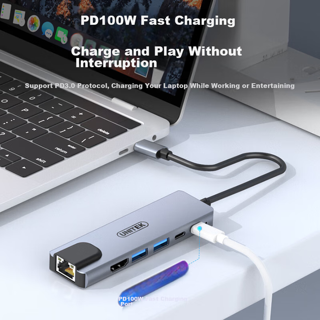 Док-станция расширения UNITEK Type-C, многофункциональный концентратор с гигабитным Ethernet-портом, адаптер USB 3.0, преобразователь сетевого кабеля HDMI, адаптер RJ45, подходит для ноутбуков Apple и Huawei. - изображение 9