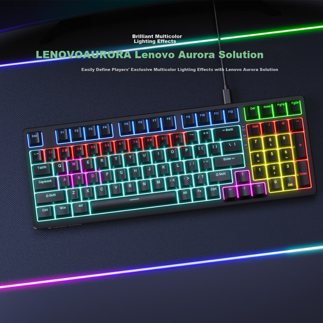 Клавіатура Lenovo GK10 з 98 клавішами, механічна, гаряча заміна, RGB-підсвічування, 20 режимів, дротова, ігрова, офісна, серія Aurora, 98-клавішна, білий, змішаний, синій перемикач - зображення 8