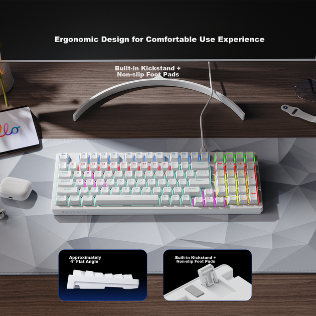 Клавіатура Lenovo GK10 з 98 клавішами, механічна, гаряча заміна, RGB-підсвічування, 20 режимів, дротова, ігрова, офісна, серія Aurora, 98-клавішна, білий, змішаний, синій перемикач - зображення 9