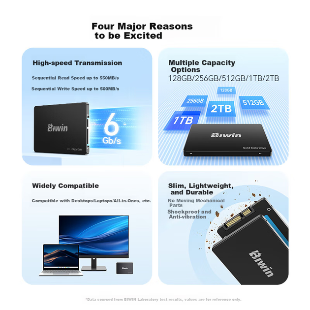 Твердотельный накопитель BIWIN SSD 1 ТБ, интерфейс SATA 3.0, серия M100, скорость чтения 550 МБ/с, аксессуар для хранения данных на ПК. - изображение 5