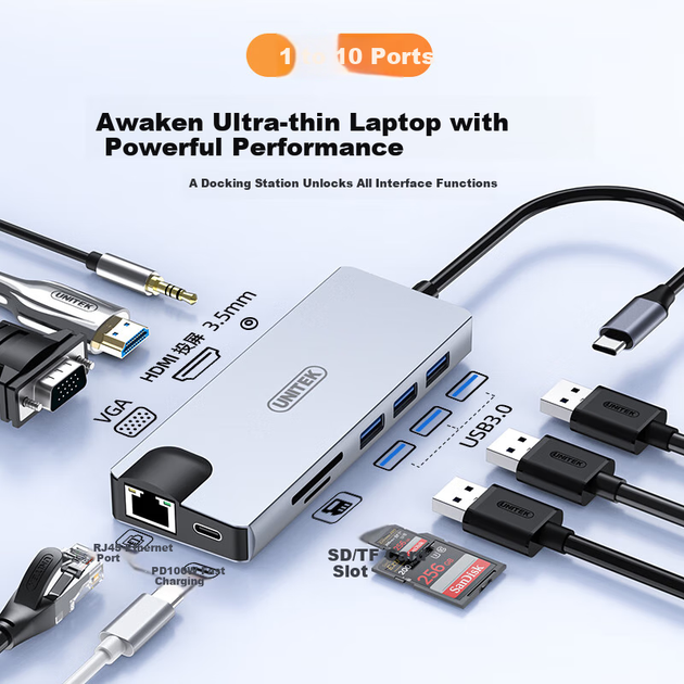 Док-станція розширення UNITEK Type-C, порт USB 3.0 Gigabit Ethernet, адаптер для дублювання екрана HDMI/VGA, швидка зарядка PD, зчитувач аудіокарт, підходить для iPad, Apple Mac Mini - изображение 4