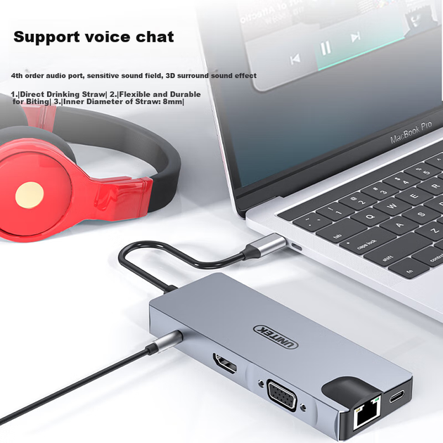 Док-станція розширення UNITEK Type-C, порт USB 3.0 Gigabit Ethernet, адаптер для дублювання екрана HDMI/VGA, швидка зарядка PD, зчитувач аудіокарт, підходить для iPad, Apple Mac Mini - изображение 6