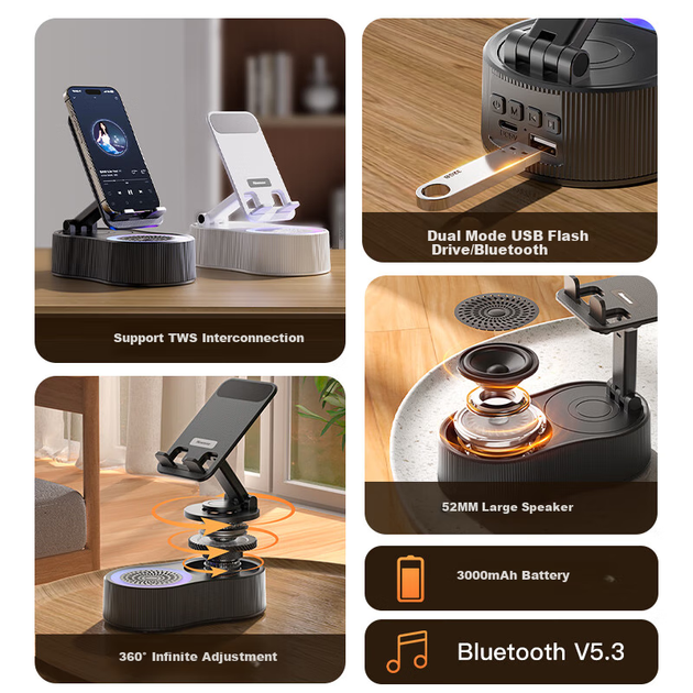 Беспроводная Bluetooth-колонка Newmine PBS007, подставка для телефона, многофункциональная складная портативная настольная колонка, внешний усилитель для звонков и сабвуфер, белый цвет. - изображение 4