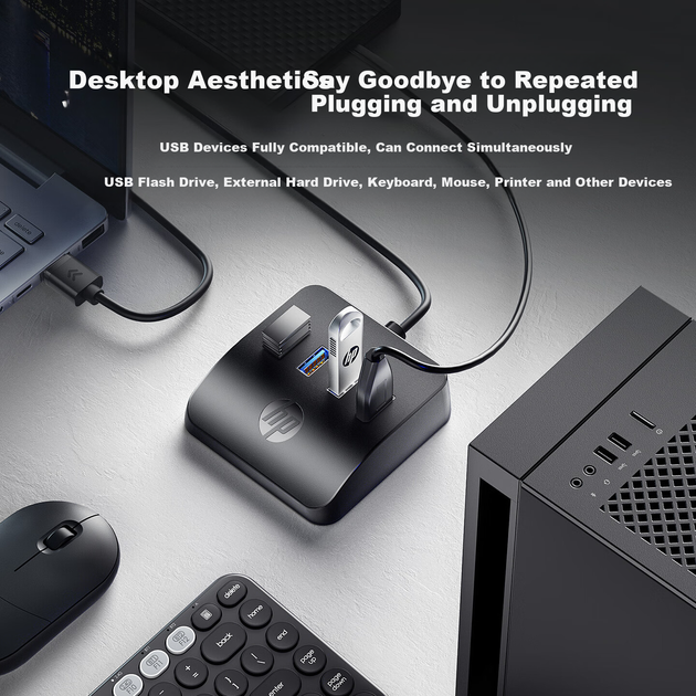 Док-станція-розгалужувач HP USB Hub, високошвидкісний USB-розгалужувач 3.0 з одним або кількома портами, подовжувальний USB-кабель, адаптер-конвертер для ноутбука, док-станція розширення для настільного комп'ютера, 1 м - зображення 4