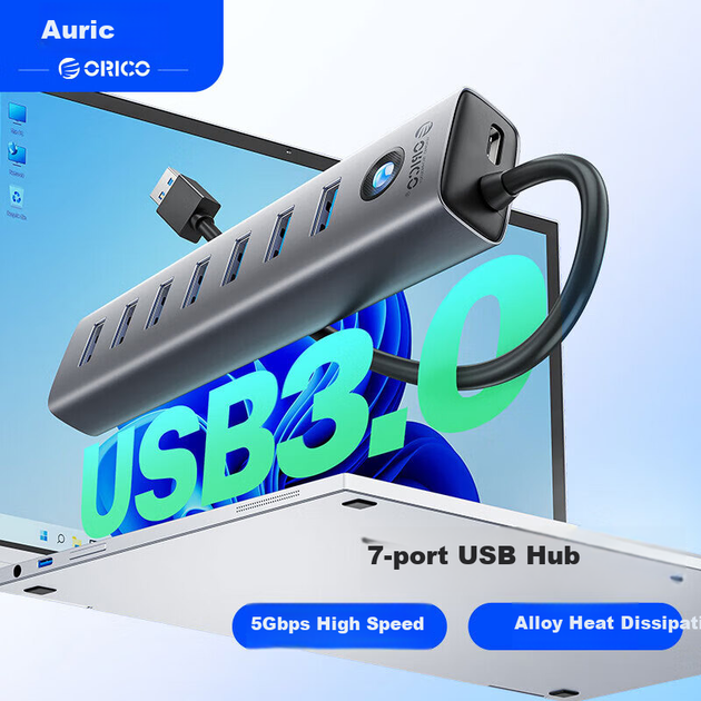 USB-концентратор ORICO 3.0, док-станция расширения на 7 портов, разветвитель из алюминиевого сплава, независимый источник питания, совместим с ноутбуками и настольными компьютерами, подходит для расширения USB-портов Lenovo и Huawei, длина кабеля 0,5 м. - изображение 4