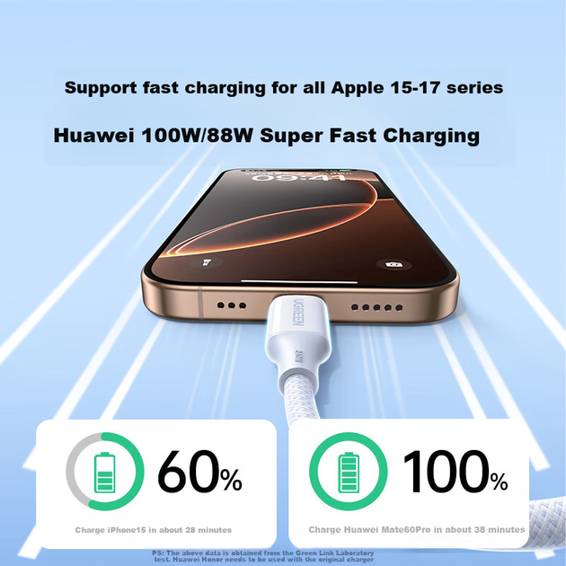 Кабель UGREEN PD240W Type-C - Type-C для быстрой зарядки 100Вт, 2м - Фото 6 Кабель UGREEN PD240W Type-C - Type-C для быстрой зарядки 100Вт, 2м - изображение 6