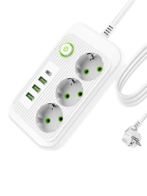 Мережевий фільтр-подовжувач 3 м на 3 розетки з 4 USB + Type-C, із заземленням, 2500 Вт - Фото 4 Мережевий фільтр-подовжувач 3 м на 3 розетки з 4 USB + Type-C, із заземленням, 2500 Вт - зображення 4