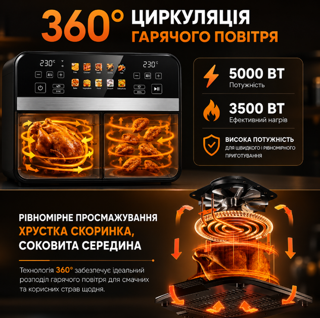 Аерогриль-фритюрниця T.K.Line 8500Вт сенсорна з 2 секціями 10 л і 8 л із функцією приготування різних страв - Фото 6 Аерогриль-фритюрниця T.K.Line 8500Вт сенсорна з 2 секціями 10 л і 8 л із функцією приготування різних страв - зображення 6