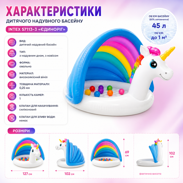 Детский надувной бассейн Intex 57113-3 «Единорог» с навесом - изображение 6