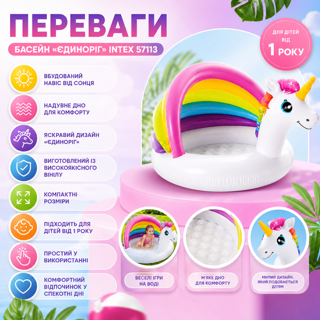 Детский надувной бассейн Intex 57113 «Единорог» с навесом - изображение 3