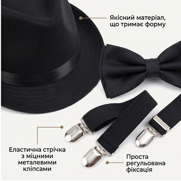 Набор мужских аксессуаров 4в1 Подтяжки с бабочкой и галстуком, набор для одежды аксессуары 1920 лет Черный - Фото 11 Набор мужских аксессуаров 4в1 Подтяжки с бабочкой и галстуком, набор для одежды аксессуары 1920 лет Черный - изображение 11
