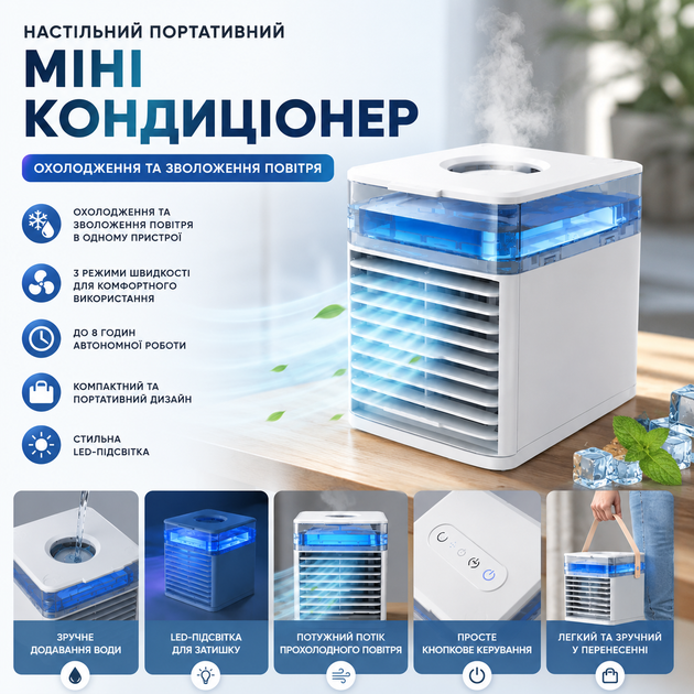 Настольный портативный мини-кондиционер с LED-подсветкой и увлажнением воздуха - Фото 2 Настольный портативный мини-кондиционер с LED-подсветкой и увлажнением воздуха - изображение 2