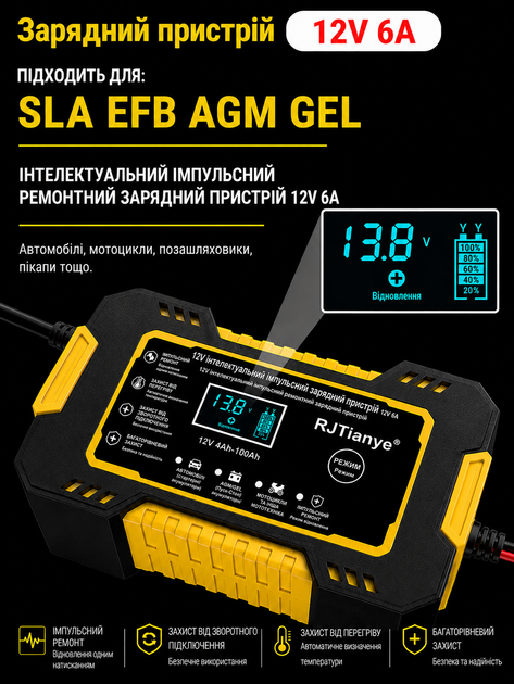 Зарядний пристрій для акумулятора 12V 6A RJ Tianye для кислотних, гелевих, AGM акумуляторів з функцією відновлення зарядка для аккумулятора зарядное устройство для аккумуляторов зарядное устройство для автомобильного аккумулятора - Фото 2 Зарядний пристрій для акумулятора 12V 6A RJ Tianye для кислотних, гелевих, AGM акумуляторів з функцією відновлення зарядка для аккумулятора зарядное устройство для аккумуляторов зарядное устройство для автомобильного аккумулятора - изображение 2
